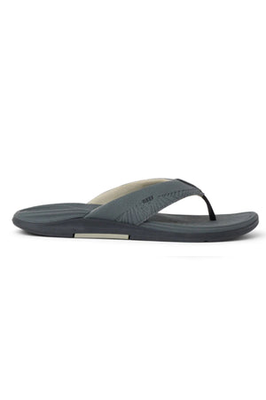 The REEF Offshore flip-flop is shown in a side profile view against a white background, featuring a dark gray color, textured sole, thin black straps, and built-in arch support.