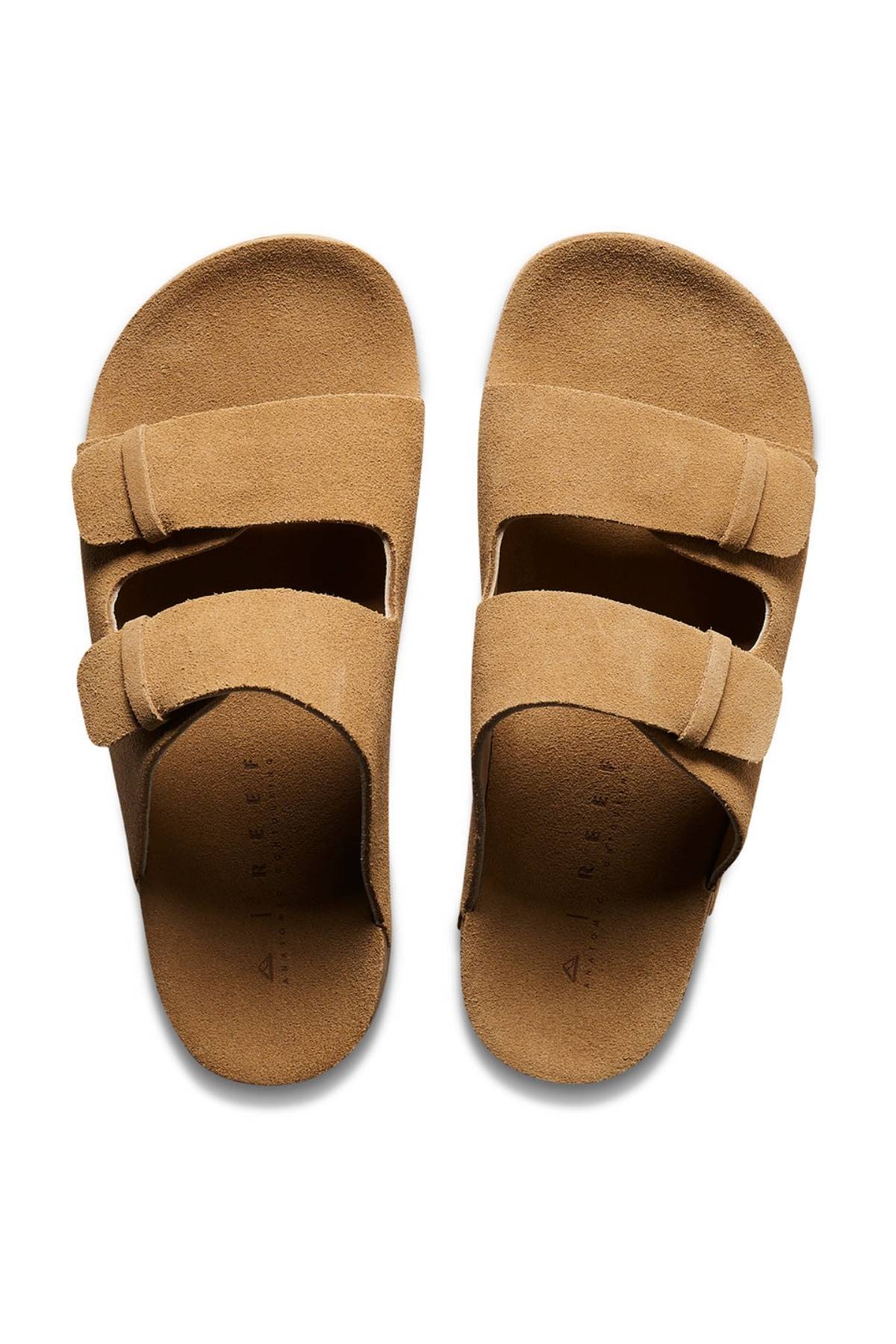 The REEF Ojai Two Bar sandals in tan suede feature two wide straps for comfortable support, shown from above on a white background.