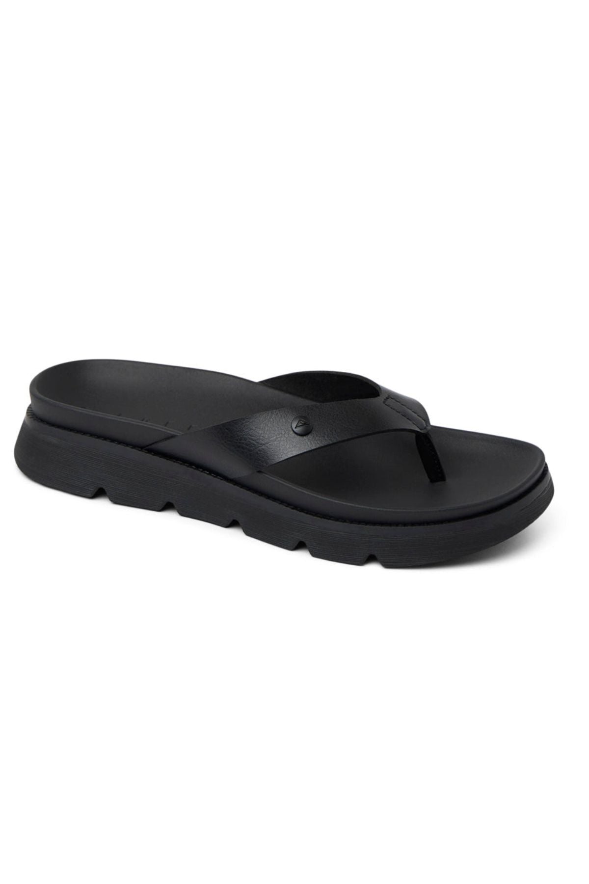 The REEF Vista Luxe Vivianahh is a black flip-flop sandal featuring a cushioned footbed, thick textured sole, and wide straps, shown on a white background.