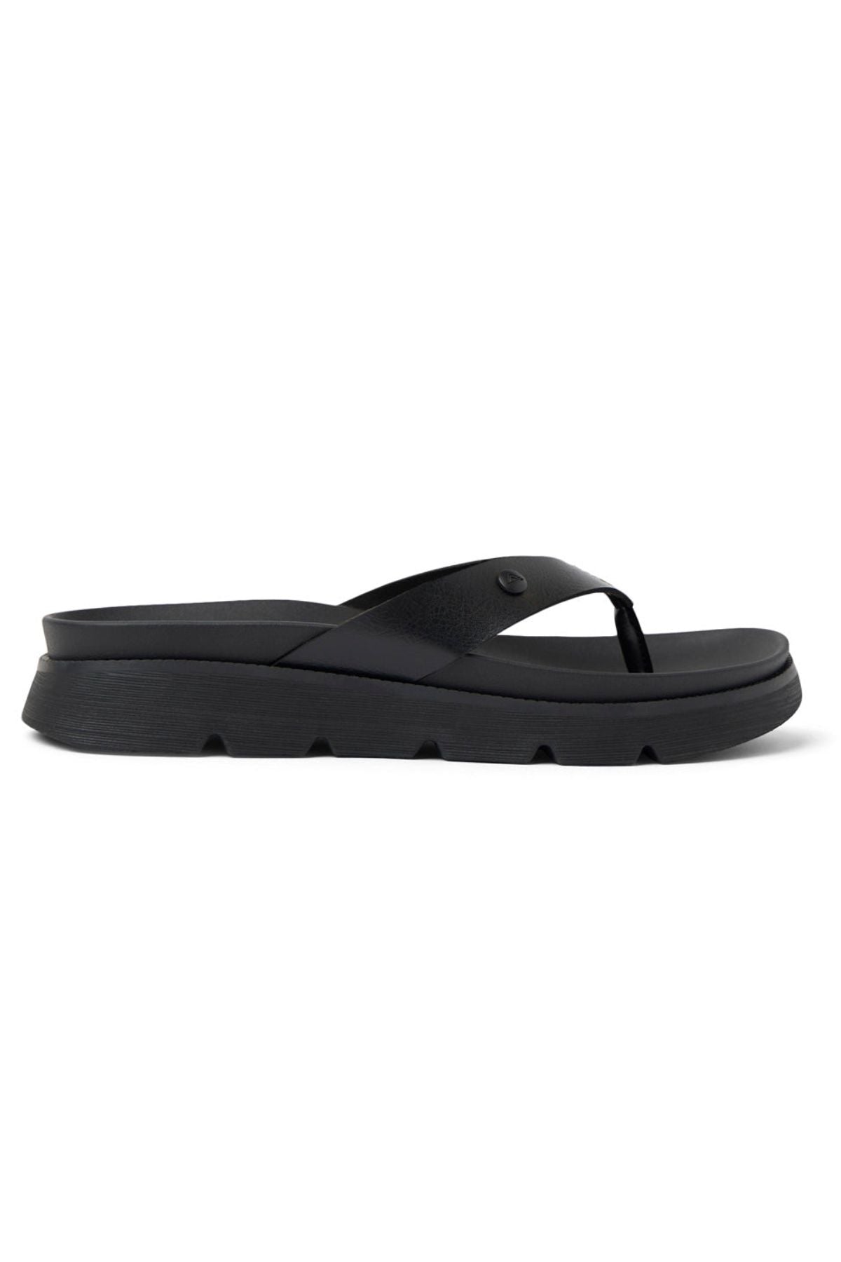 The REEF Vista Luxe Vivianahh is a black platform flip-flop sandal with a thick sole, cushioned footbed, wide single strap, and subtle grooved detailing—designed for all-day comfort and effortless style.