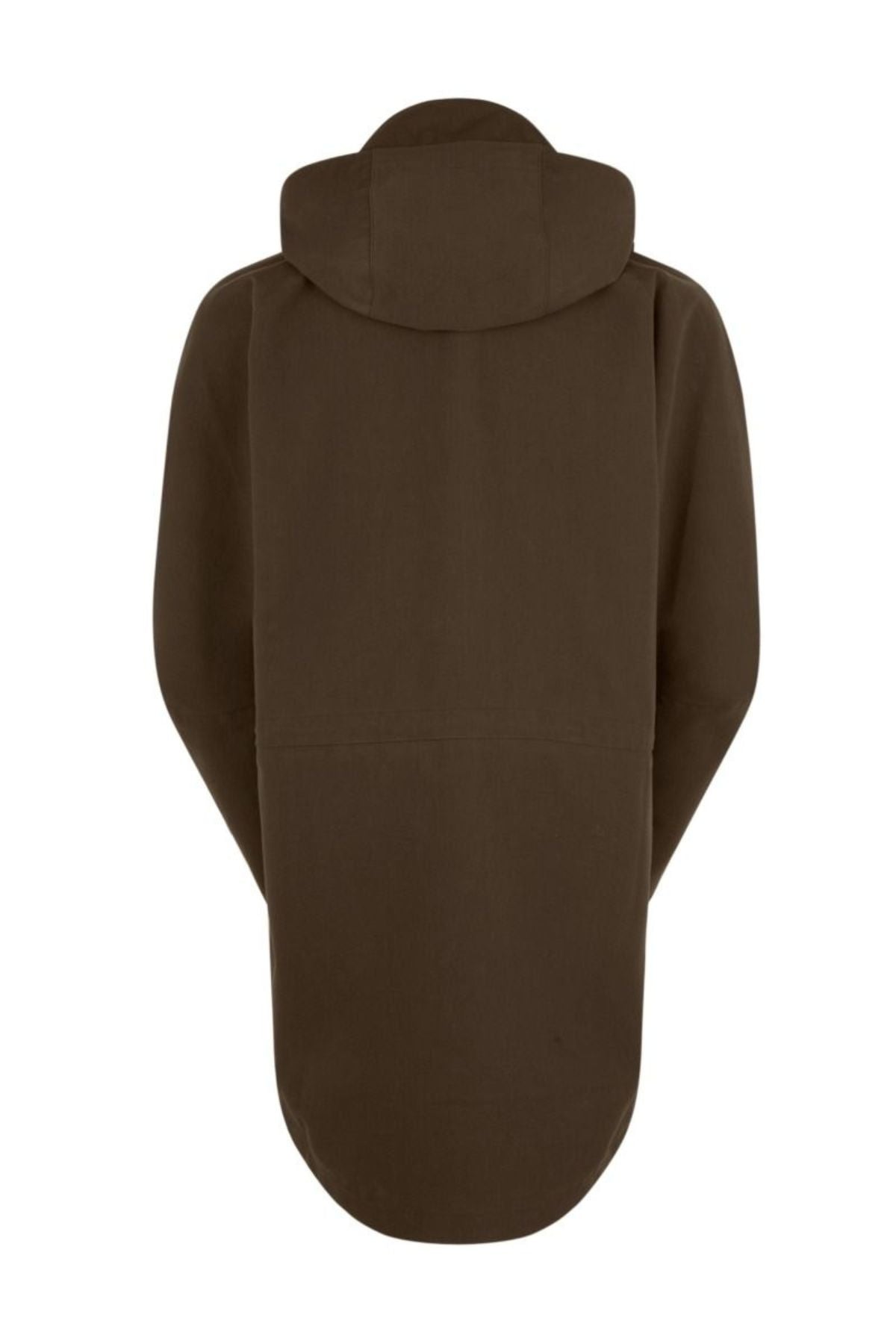 The Ridgeline Monsoon Classic Jacket is displayed from the back, showcasing its brown color, hood, long curved hem, and relaxed fit against a plain white background.