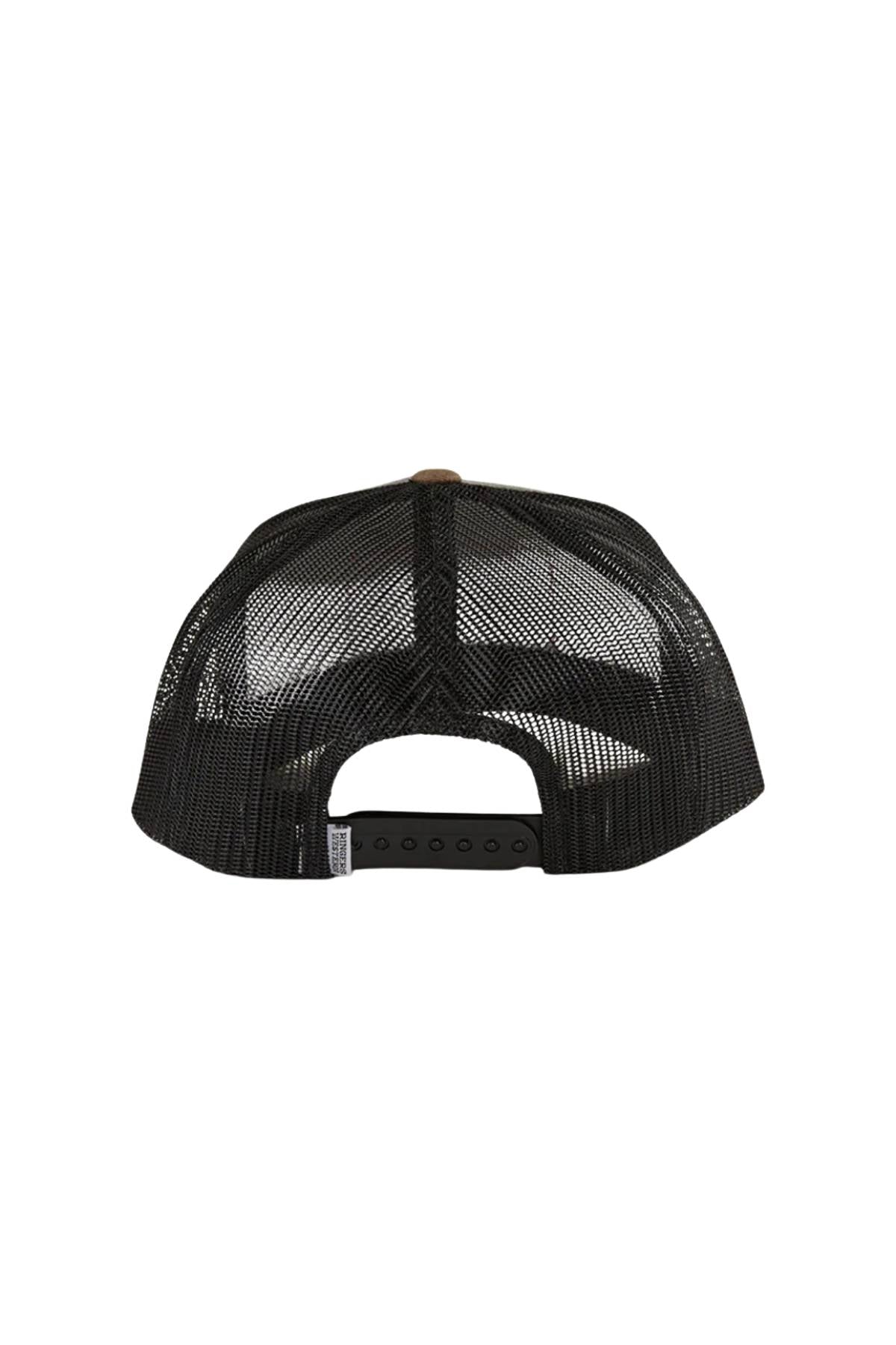 Back view of the Ringers Western Awol Trucker Cap with black mesh, adjustable snapback closure, and a small fabric tag on the left side.