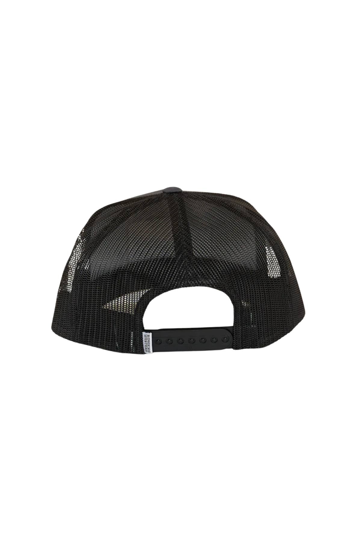 The Ringers Western Awol Trucker Cap, shown in black from the back, features a breathable mesh panel and an adjustable snapback closure for comfort and style.