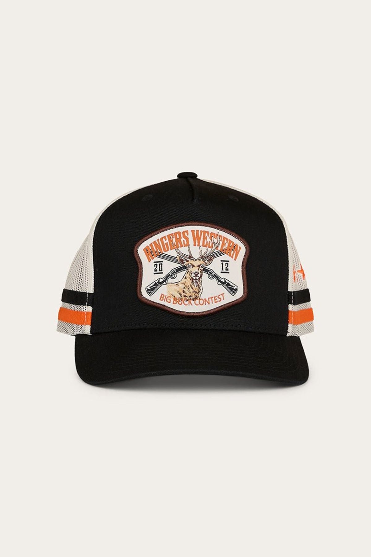 Introducing the Ringers Western Big Buck Deep Fit Trucker Cap—a black and white mesh hat with striking orange and black stripes. The front patch showcases “Ringers Western Big Buck Contest” alongside two crossed rifles behind a deer head, making it the ideal trucker cap for outdoor adventures.