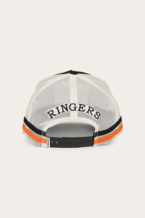 The Ringers Western Big Buck Deep Fit Trucker Cap is a classic outdoor cap style, featuring a white mesh back with the word “RINGERS” in black letters, an adjustable black strap, and distinctive black and orange stripes above the strap. Designed for comfort and versatility, this cap offers a deep fit trucker cap design.