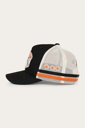 The Ringers Western Big Buck Deep Fit Trucker Cap features a black and white mesh design with an orange and white striped detail, three orange stars on the side, and a front patch, making it the perfect stylish accessory for your outdoor adventures.