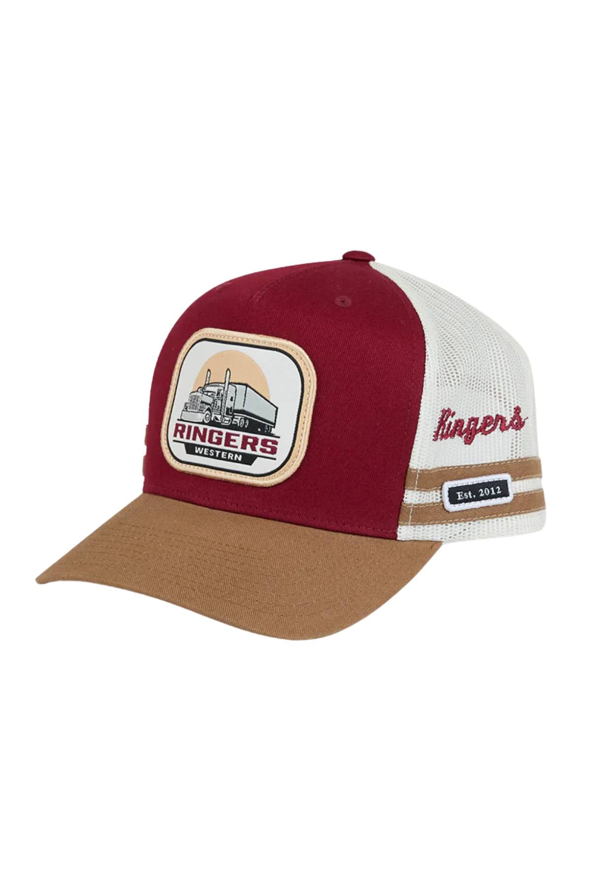 The Ringers Western Big Rig Trucker Cap is maroon, white, and brown with a mesh back, adjustable snapback, barn patch featuring "Ringers Western," "Ringers" in red script on the side, and a black "Est. 2012" label.