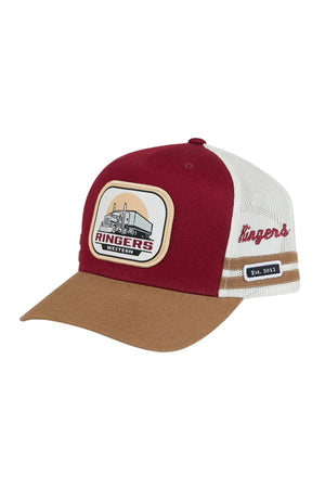 The Ringers Western Big Rig Trucker Cap is maroon, white, and brown with a mesh back, adjustable snapback, barn patch featuring "Ringers Western," "Ringers" in red script on the side, and a black "Est. 2012" label.