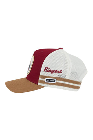 Side view of the Ringers Western Big Rig Trucker Cap featuring a brown brim, red front panel, white mesh back, adjustable snapback, “Ringers” embroidery on the side, and a patch with “Est. 2012” above two tan stripes.