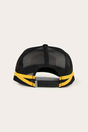 The Ringers Western Cunningham Trucker Cap is shown from the back in black with yellow stripes, featuring a breathable mesh design and adjustable snapback closure.