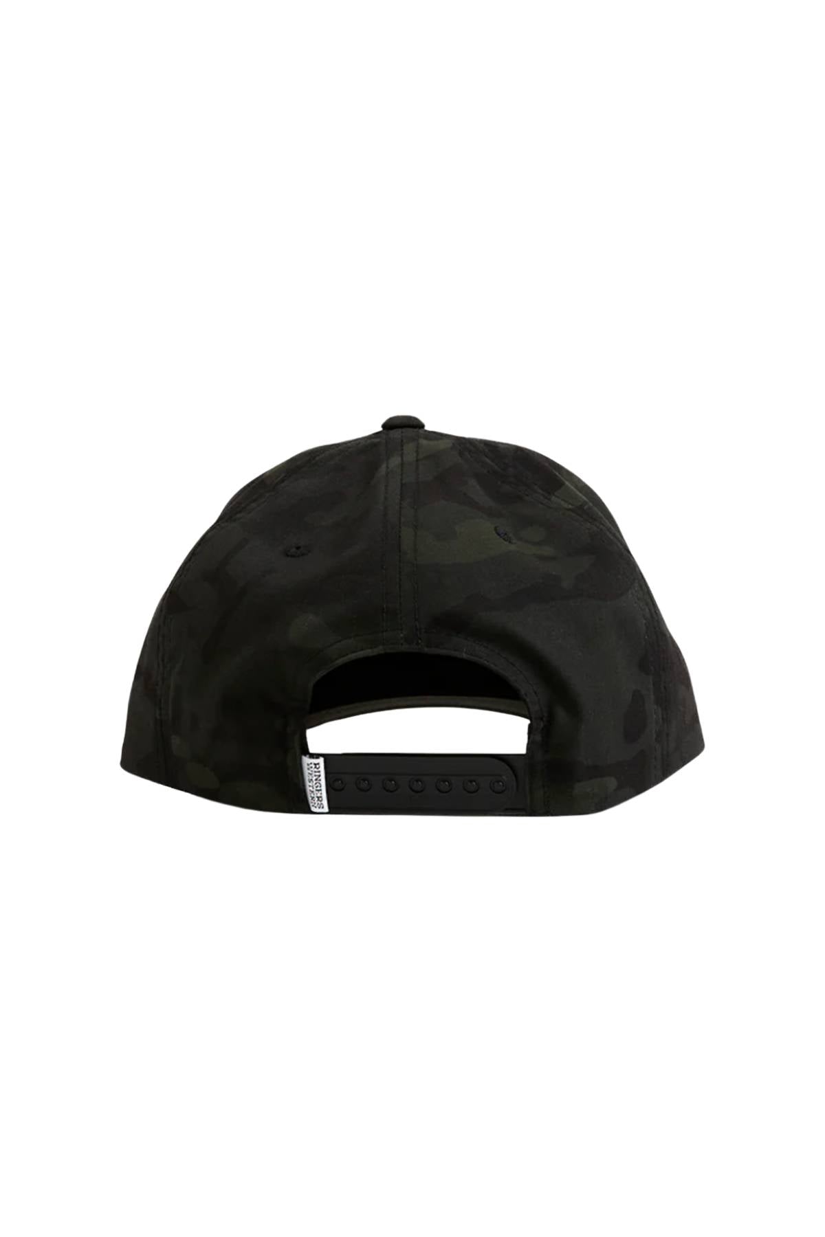 Back view of the Ringers Western Grover Tech Baseball Cap in black camo, featuring an adjustable snapback strap and a small white tag on the left side.