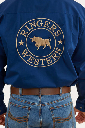 A person wearing a blue Ringers Western Hawkeye Embroidered Shirt with UPF50+ and a tan bull logo on the back, paired with blue jeans and a brown belt.