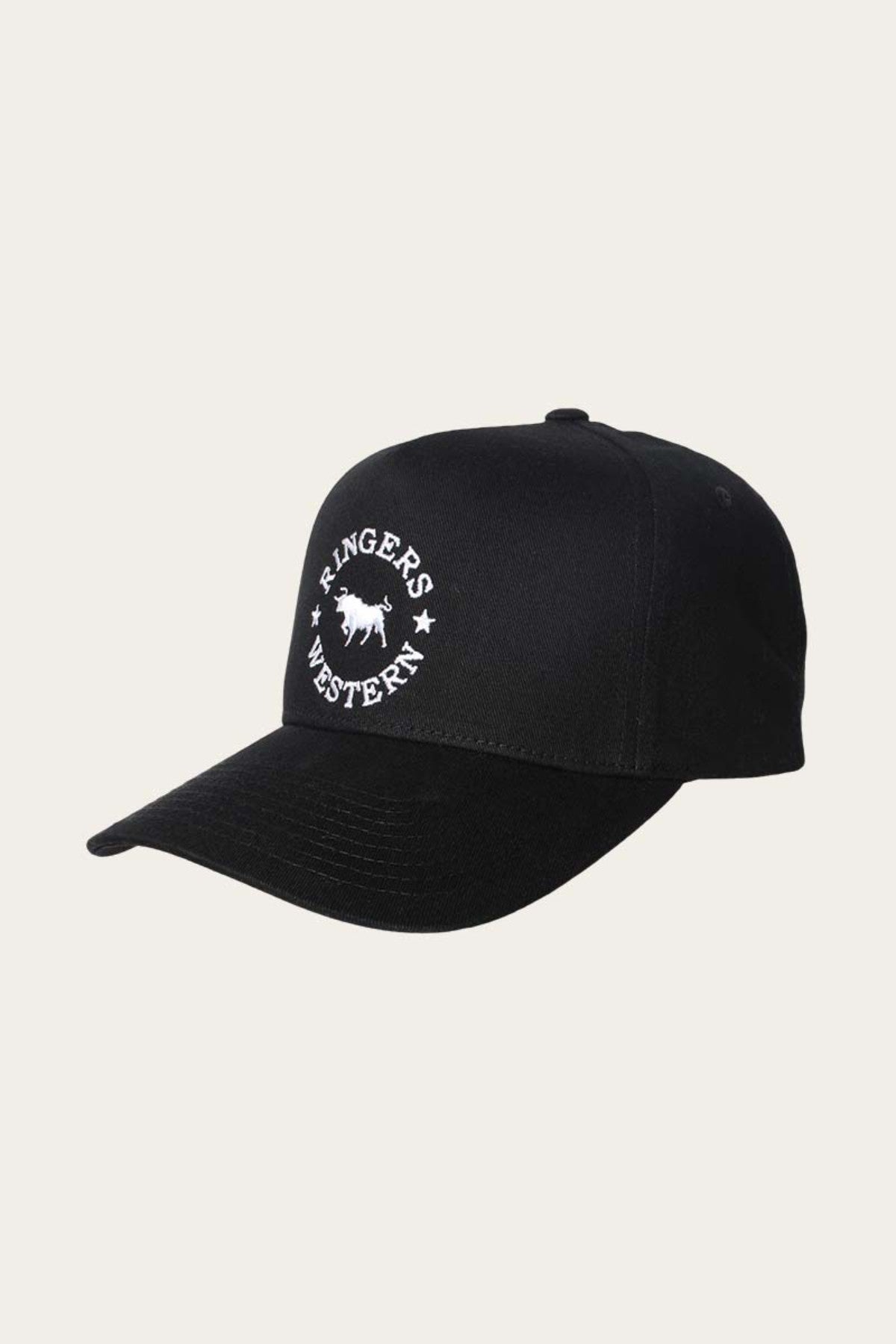The Ringers Western Icon Baseball Cap is a black cap made from cotton twill, featuring a white embroidered design on the front panel. This design includes a silhouette of a horse encircled by the text "Ringers Western" in a circular arrangement, with small stars flanking either side of the horse.