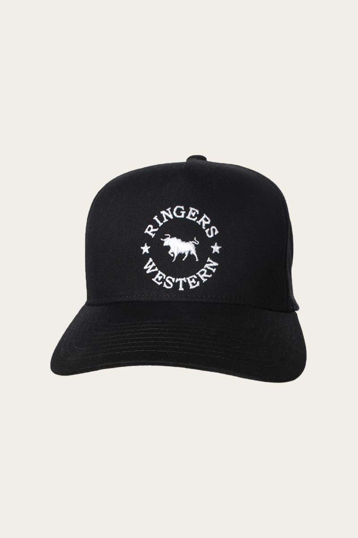 The Ringers Western Icon Baseball Cap is a black, cotton twill hat that showcases a white embroidered "Ringers Western" logo encircling the silhouette of a bull in the center, with small white stars flanking the logo on either side.