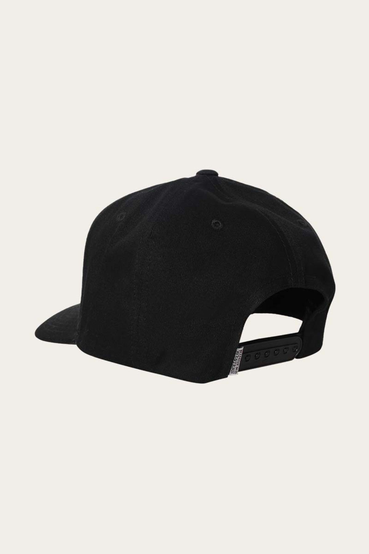 A Ringers Western Icon Baseball Cap in plain black, crafted from cotton twill, featuring a flat brim and adjustable back strap. The cap includes eyelets for ventilation and stands out against a solid white background.