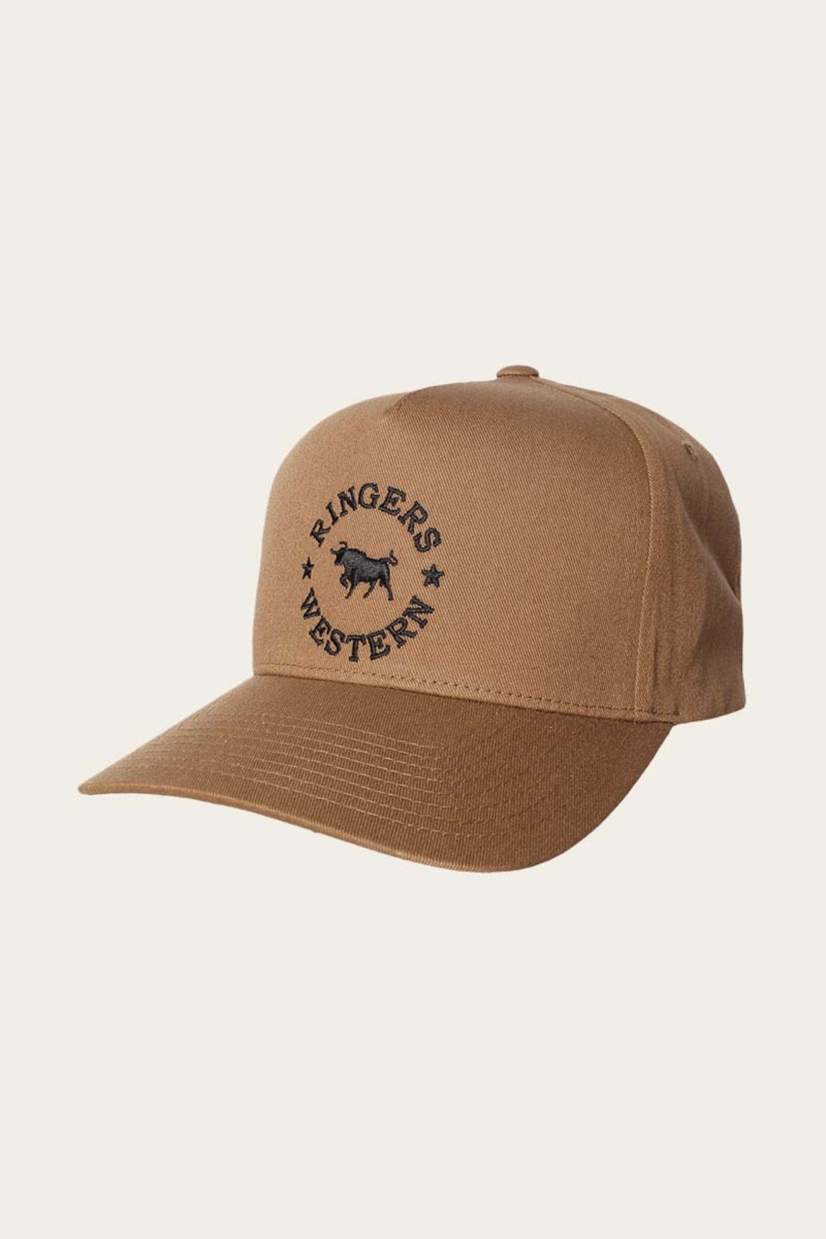 The Ringers Western Icon Baseball Cap is crafted from Cotton Twill in brown, featuring black embroidery on the front that reads "RINGERS WESTERN" arranged in a semicircle around a small black bull image. This cap includes a curved brim, breathable fabric, and an adjustable strap to ensure the perfect fit.