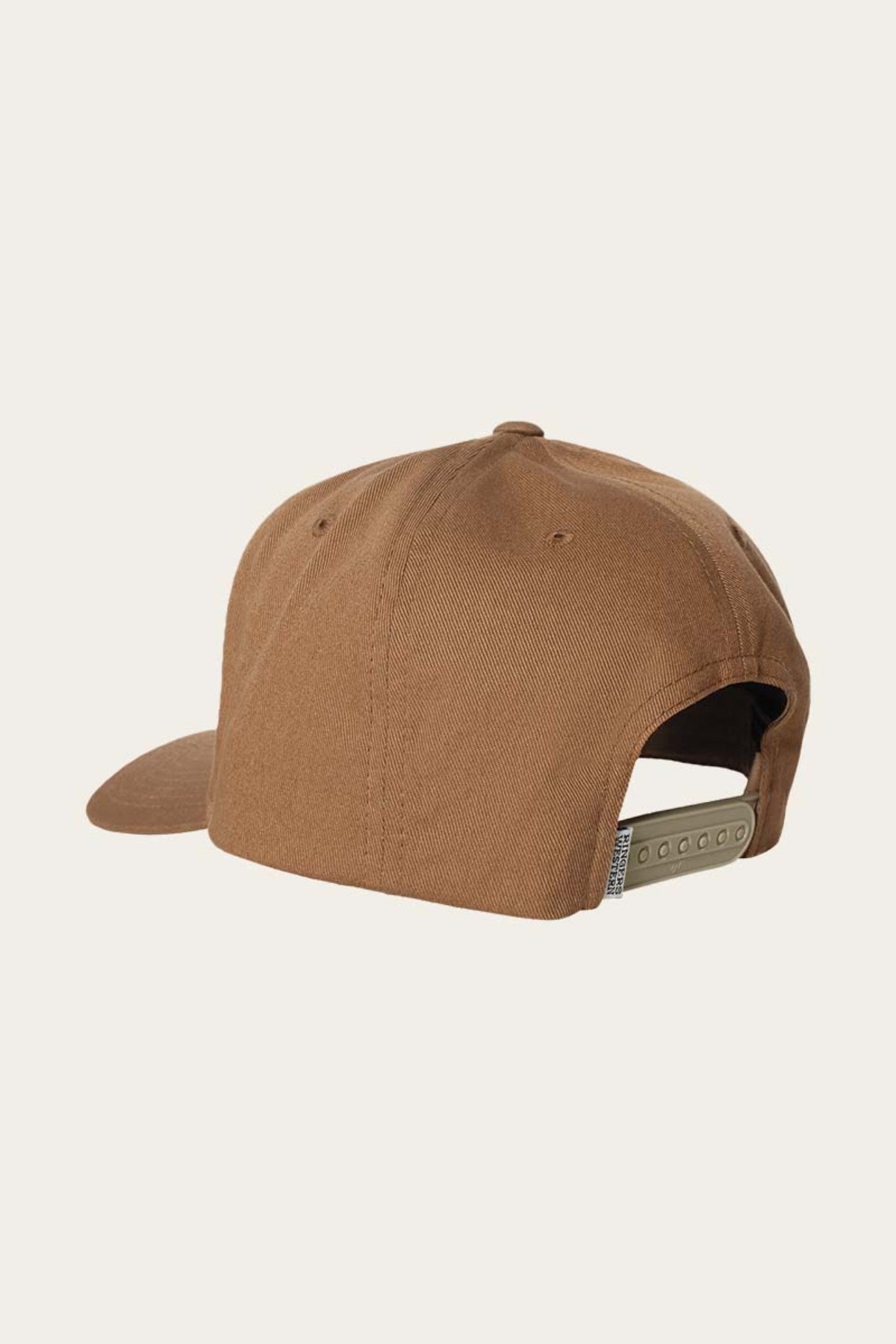 The Ringers Western Icon Baseball Cap, displayed from the back, showcases its adjustable strap. Its classic six-panel design with stitched eyelets for ventilation and a slightly curved visor stands out against the plain, off-white background.