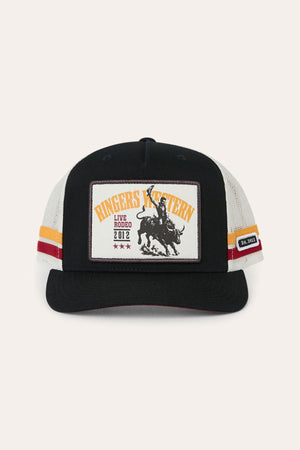 The Ringers Western Live Rodeo Deep Fit Trucker Cap is a black and white trucker hat featuring a patch of a rodeo rider on a bull, along with the text “Ringers Western,” “Live Rodeo 2012,” and three stars. Bold red and yellow stripes on the sides complete its classic rodeo look.