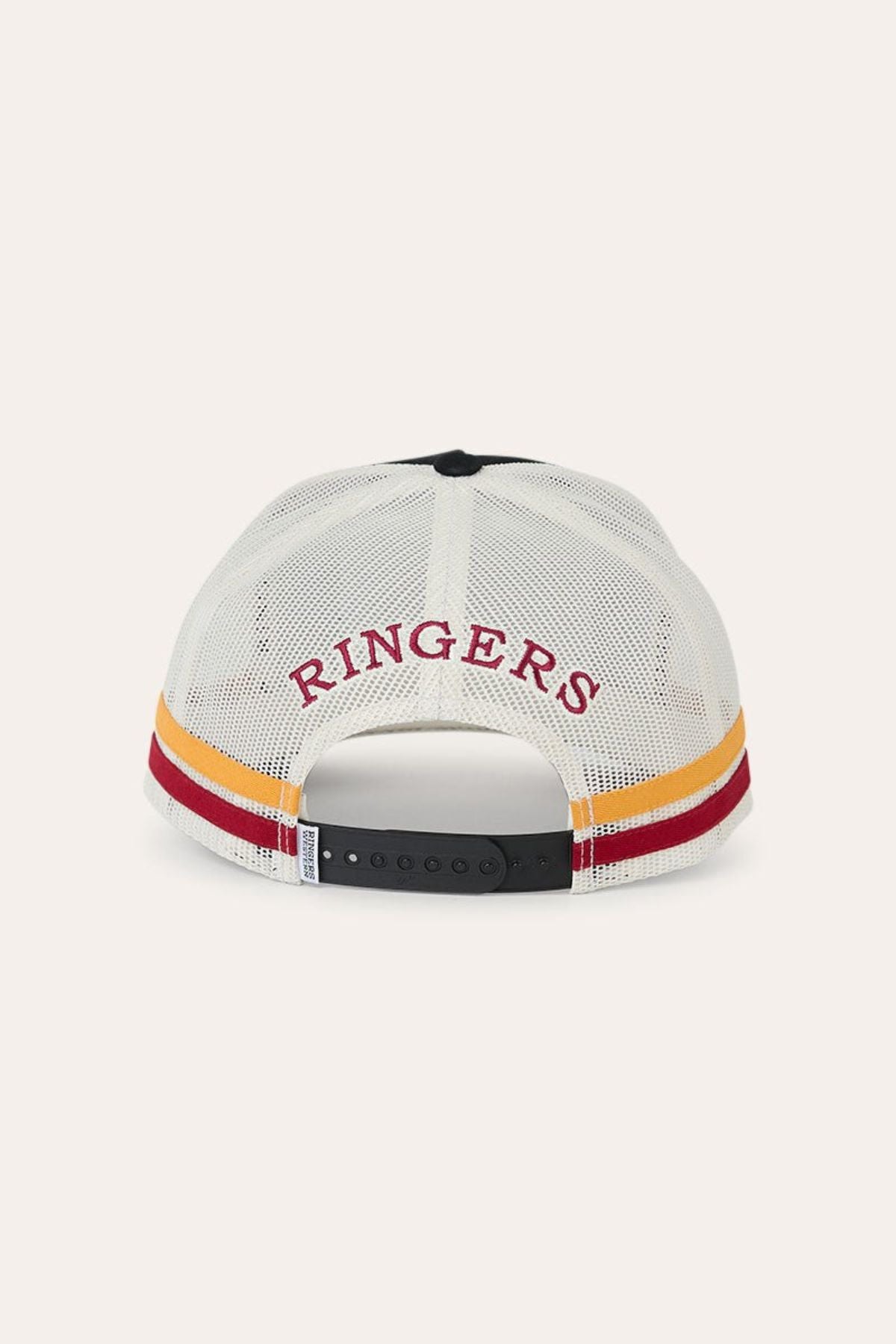 A rear view of the Ringers Western Live Rodeo Deep Fit Trucker Cap in white mesh, showcasing “RINGERS” embroidered in red and yellow along with red stripes above the adjustable snapback closure.