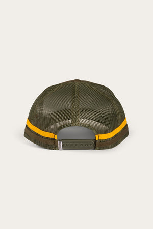 A back view of the Ringers Western McCoy Trucker Cap reveals its green mesh design, complete with a yellow stripe running horizontally above the adjustable snap closure. The hat's mesh allows for ventilation, and its stylish aesthetic is a testament to Ringers Western.