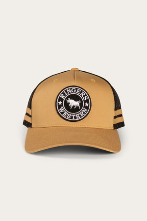 The Ringers Western McCoy Trucker Cap in tan and black showcases a circular patch featuring a bull image with the text "Ringers Western" encircling it. This cap has black mesh panels on the sides and back, two black stripes on each side, and an adjustable strap for a customizable fit.