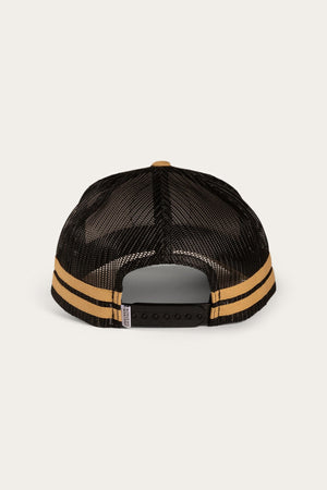 Back view of the Ringers Western McCoy Trucker Cap, showcasing a black mesh with an adjustable strap closure. Twin yellow stripes run parallel along the lower part of the mesh, and a small tag with text is visible on the left side near the snapback.