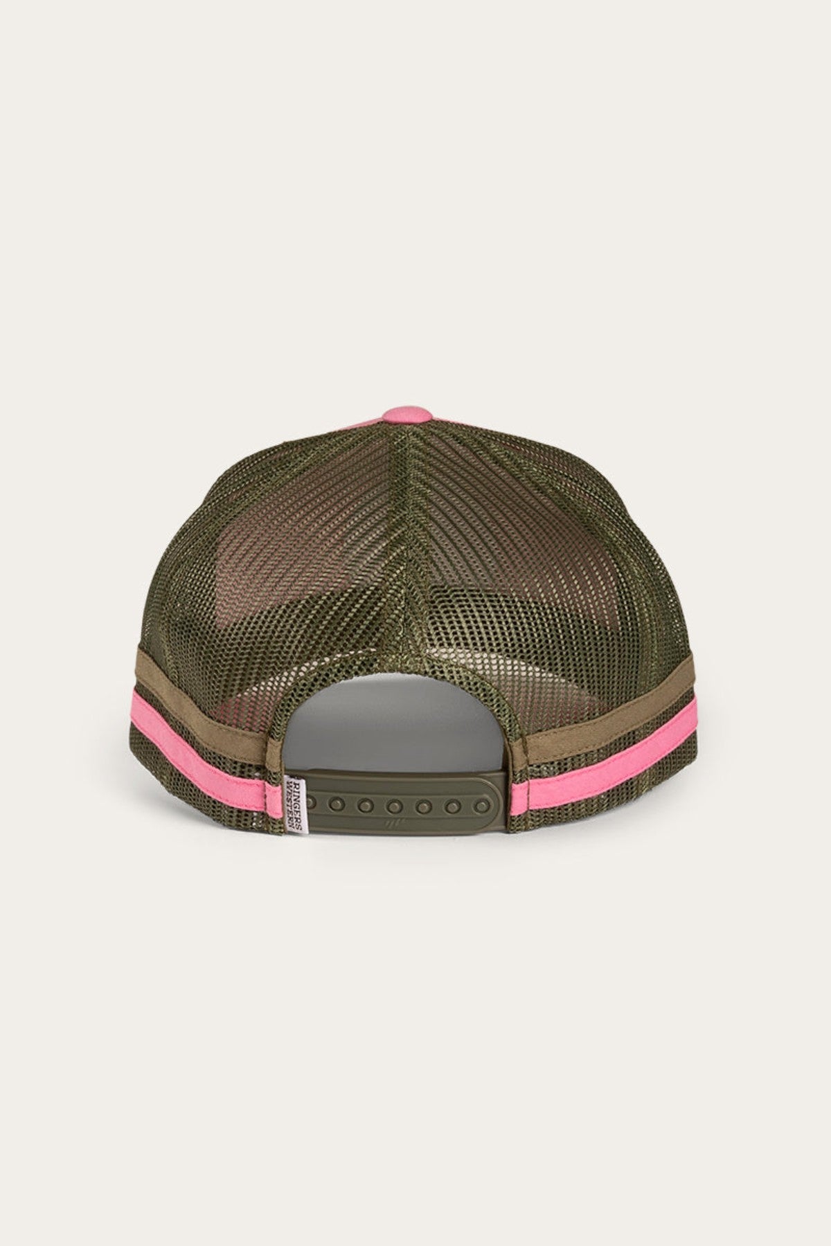 The image shows the back view of the Ringers Western McCoy Trucker Cap. This hat features an olive green mesh back with pink trim, an adjustable strap for size fitting with multiple holes, and a snap closure in the center. Its overall style is casual and sporty.