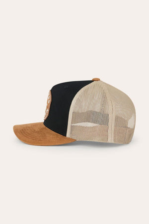 Introducing the Ringers Western Outback Hide Roadhouse Trucker Cap—a stylish two-tone trucker hat crafted with a black front panel, tan suede-like brim, and beige mesh back. Featuring a round brown patch on the front panel, this western-inspired cap offers an adjustable snapback closure for a comfortable and custom fit.