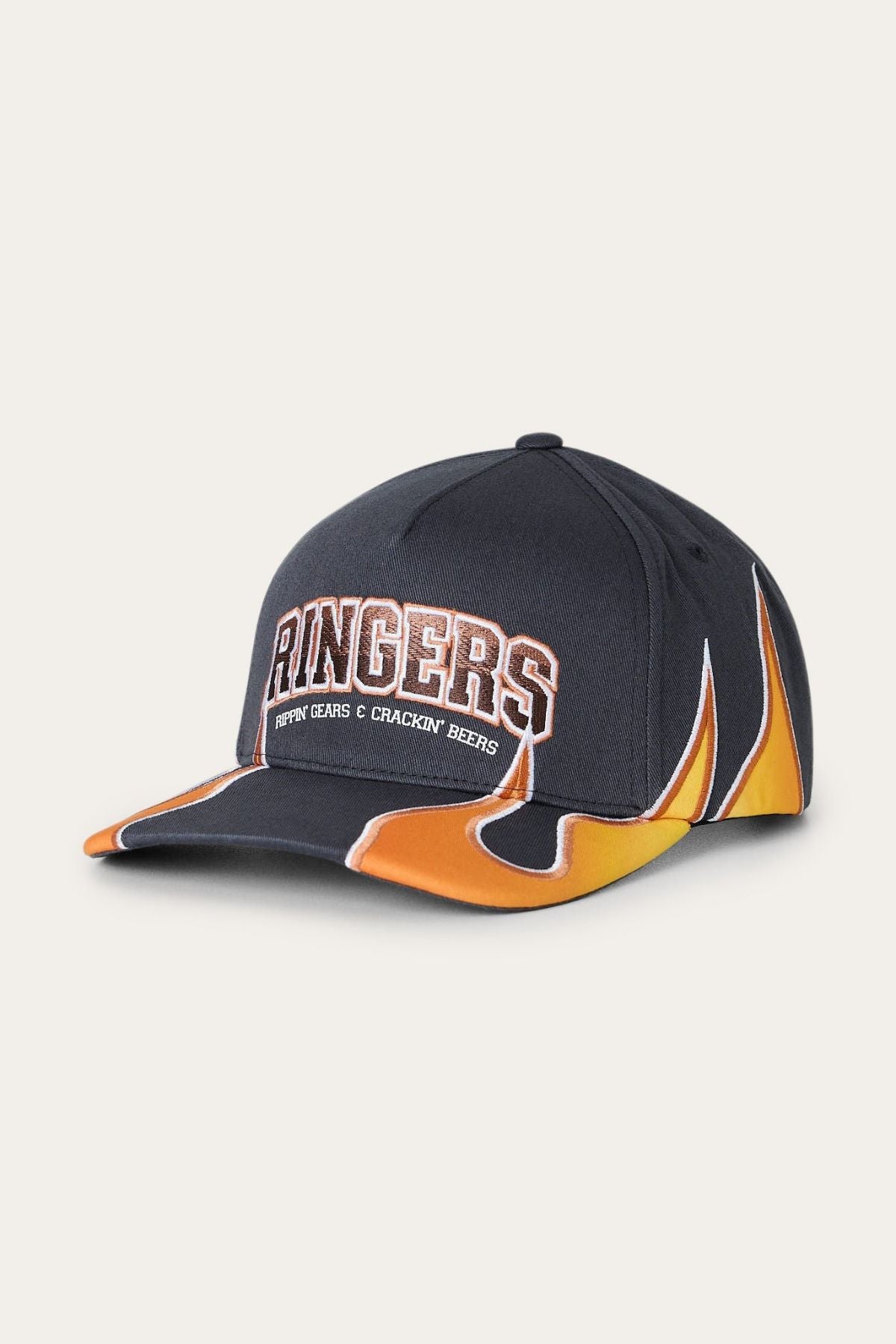 A dark Ringers Western Ringers Racing Baseball Cap featuring bold orange and yellow flame print designs on the brim and sides, with “RINGERS” prominently displayed on the front above smaller text.