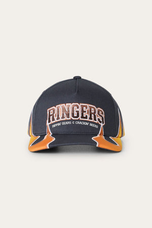 The Ringers Western Ringers Racing Baseball Cap features a bold black and yellow design with vibrant orange and white accents. The front of the cap showcases “RINGERS” in large lettering, with “Rippin’ Gears & Crackin’ Beers” underneath, finished off with an eye-catching flame print for extra flair.
