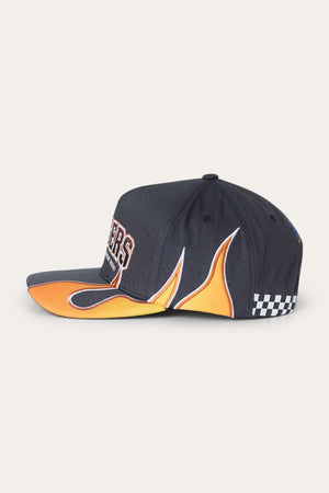 The Ringers Western Ringers Racing Baseball Cap showcases a bold black design with a striking orange flame print, a checkered flag pattern on the back, and embroidered text on the front left side.