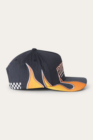 Ringers Western Ringers Racing Baseball Cap features a bold black design with vivid orange and yellow flames along the side and brim, a checkered detail near the back, and a prominent “Rivits” patch on the front—ideal for anyone who loves Ringers Western style.