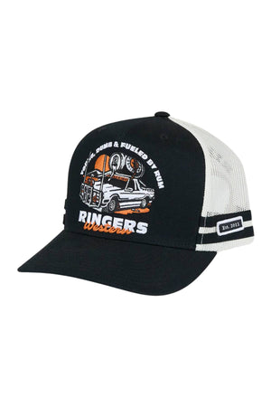 The Ringers Western Rum Runner Trucker Cap is a black and white mesh cap with an embroidered bull, ute, "Born, Bred & Fueled By Fun" and "RINGERS Western" on the front, plus "Est. 2012" on the side.