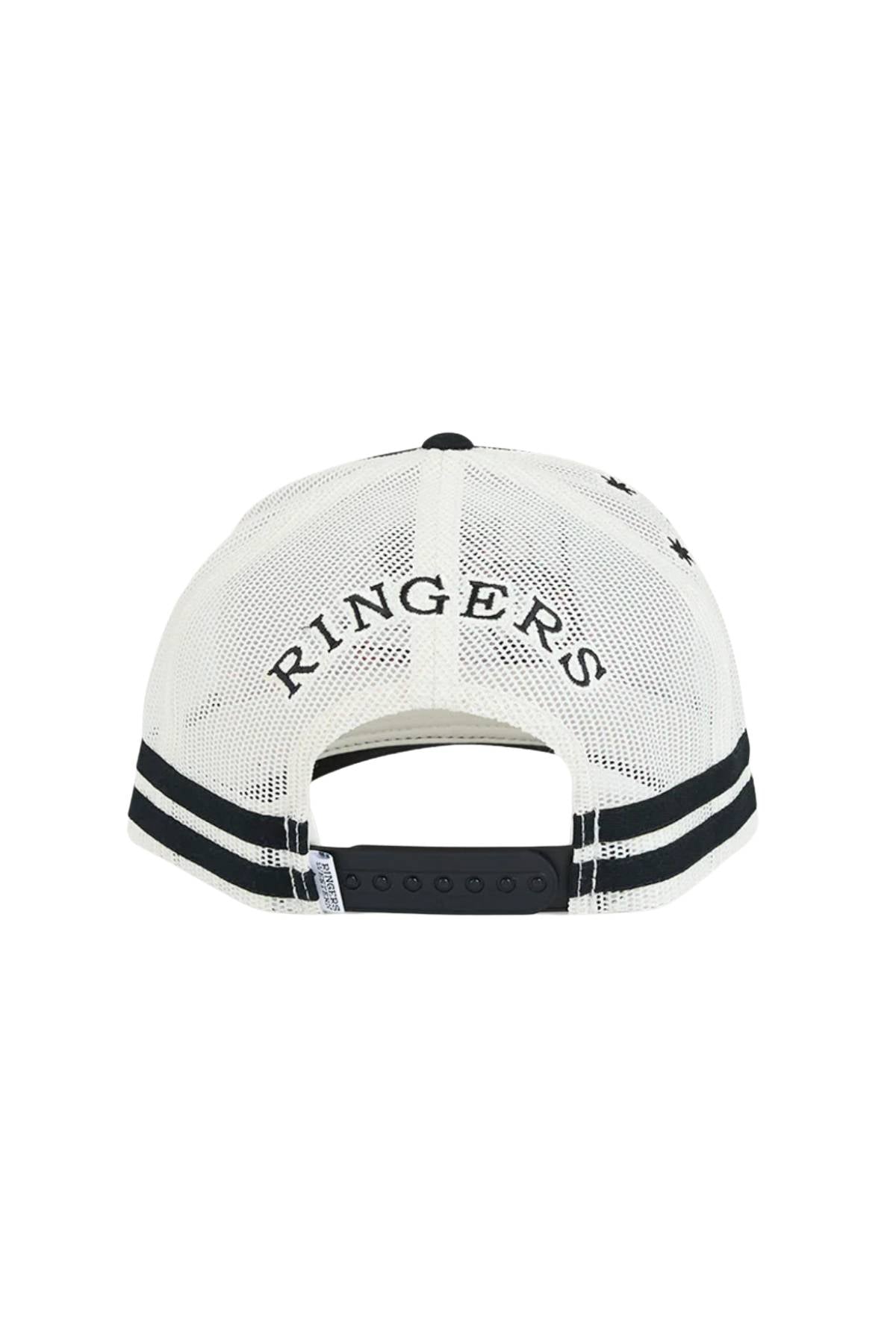 The Ringers Western Rum Runner Trucker Cap, shown from the back, features white mesh, black stripes, and "RINGERS" embroidered above an adjustable black snap—delivering classic Ringers style in a Rum Runner–inspired design.
