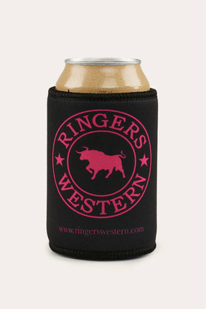A can in a black Ringers Western Signature Bull Stubby Cooler, featuring a pink bull logo with stars and "www.ringerswestern.com" below.