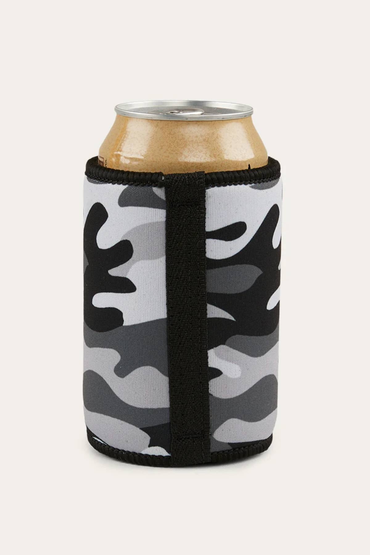 A Ringers Western Signature Bull Stubby Cooler with a black, white, and gray camouflage neoprene sleeve wraps around a beverage can, standing upright against a plain light background.