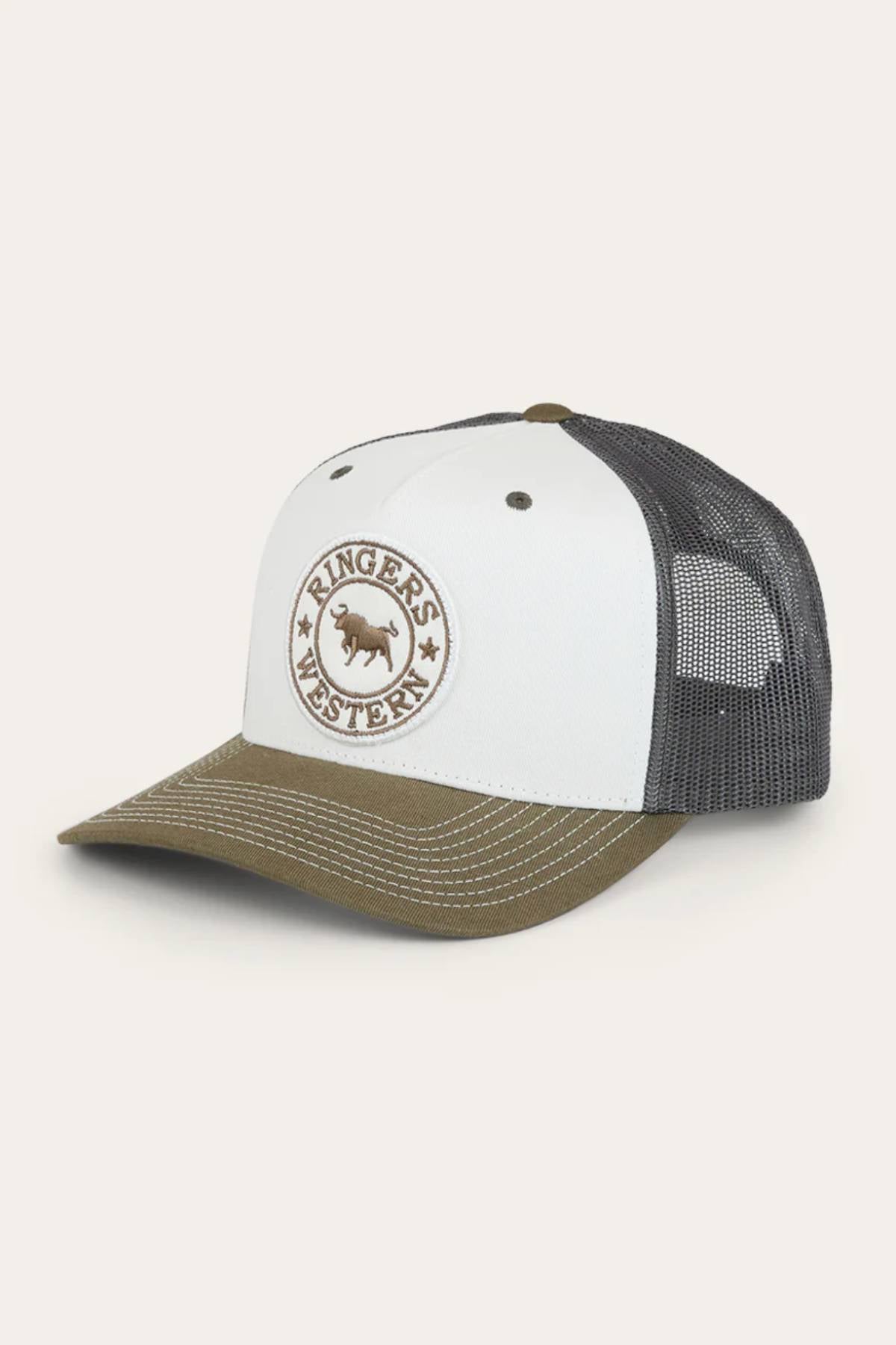 The Ringers Western Signature Bull Trucker Cap features a white front, brown brim, black mesh back, and a round bull logo patch on the front.