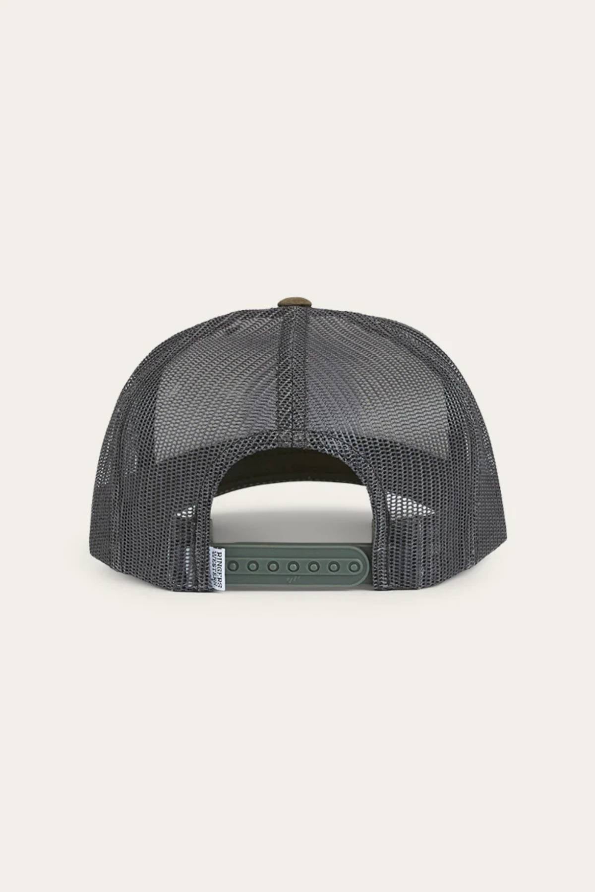 The Ringers Western Signature Bull Trucker Cap is shown from the back in black mesh, featuring visible stitching and an adjustable green snapback closure.