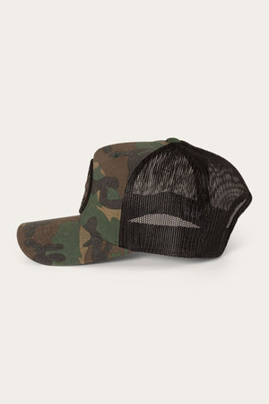The Ringers Western Signature Bull Trucker Cap, featuring a camouflage pattern, black mesh back, snapback closure, and curved brim, is displayed on a neutral background.