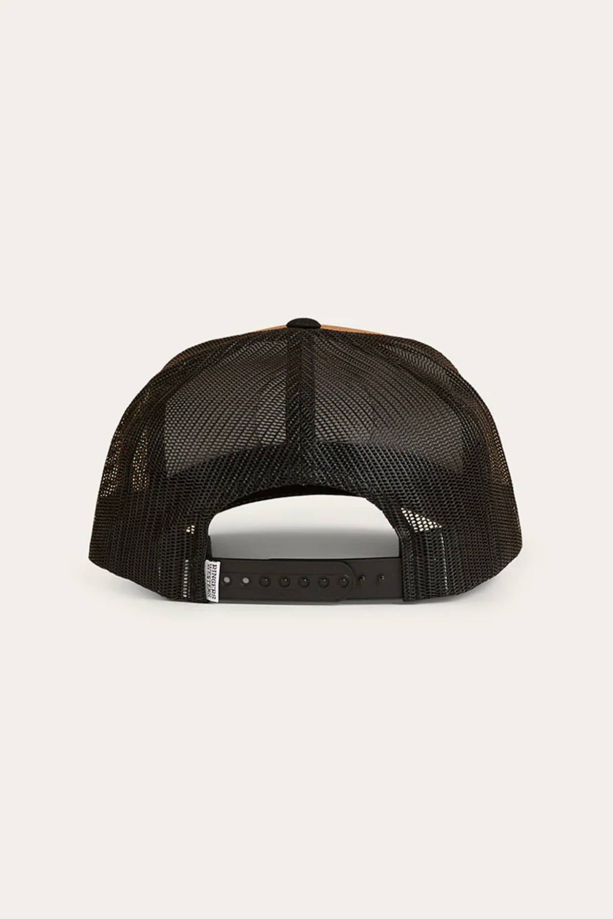 Rear view of the Ringers Western Signature Bull Trucker Cap in black, featuring a breathable mesh back and adjustable snapback closure, displayed against a plain light background.