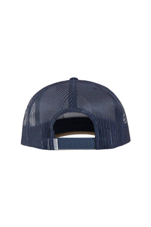 The Ringers Western Signature Bull Trucker Cap is shown from the back in navy blue mesh, featuring a curved brim and an adjustable snapback strap closure.