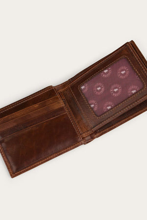 The Ringers Western Toro Biggo Wallet is open, displaying card slots on the left and a transparent ID window with a patterned red background on the right.