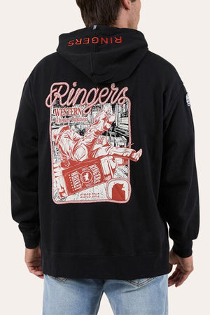 A person wears the Ringers Western Whiskey Business Pullover Hoodie, featuring "Ringers" and "Western Whiskey Business" on the back with cowboy, horse, and western motifs, red "RINGERS" text on the hood, and soft brushed fleece for comfort.