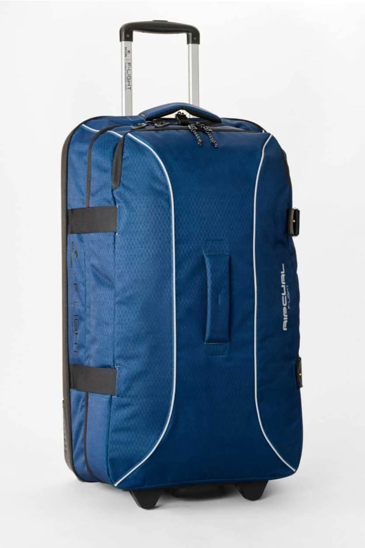 The Rip Curl F-Light Global Search Ref 100L Travel Bag stands upright on wheels, featuring a blue design with black accents, retractable handle, side straps, and white piping—ideal for long trips and built for durability.