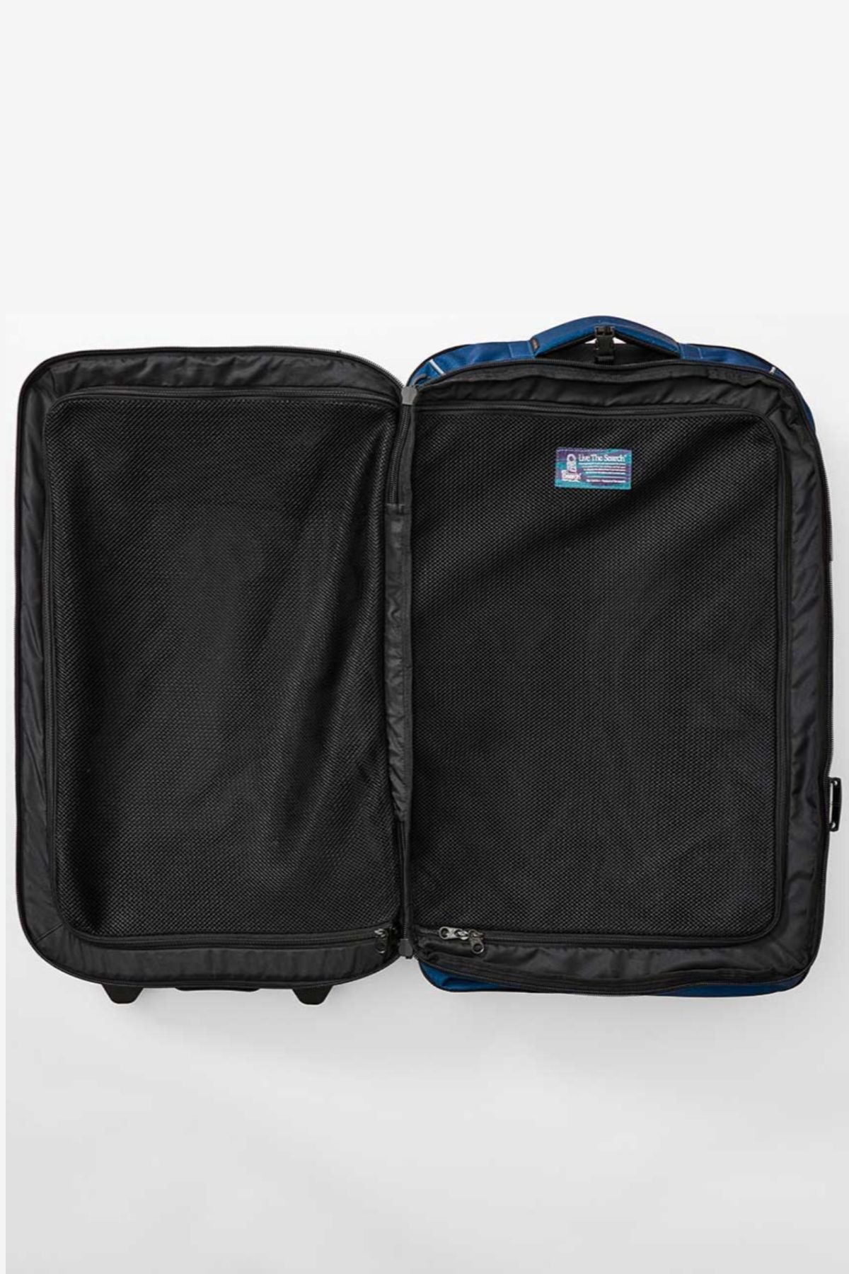 An open Rip Curl F-Light Global Search Ref 100L Travel Bag lies flat on a white background, revealing its spacious compartments and mesh zip divider—all made from recycled polyester luggage materials.