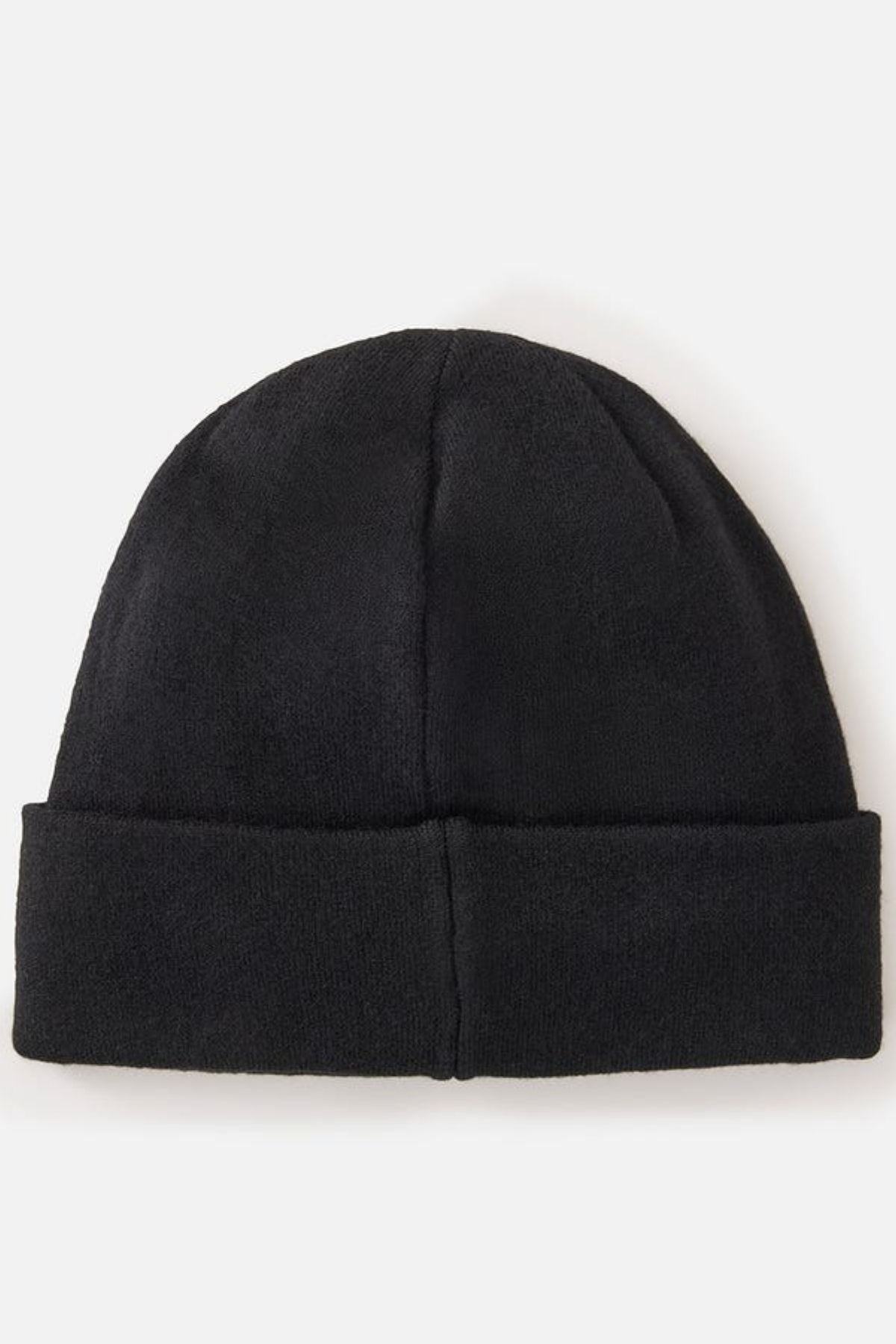 The Rip Curl Anti-Series Reg Tech Beanie, a plain black beanie with a folded brim, is perfect for outdoor adventures and shown against a white background.