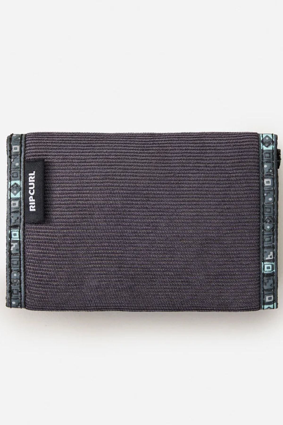 A black Rip Curl Archive Cord Surf Wallet featuring a textured surface and patterned edges, shown closed against a plain white background.