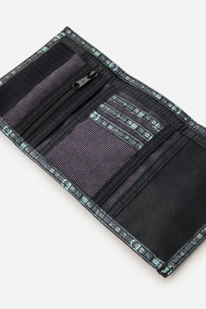 The Rip Curl Archive Cord Surf Wallet is an open black and gray wallet with multiple card slots, a zippered pocket, a bill section, and patterned trim along the edges.