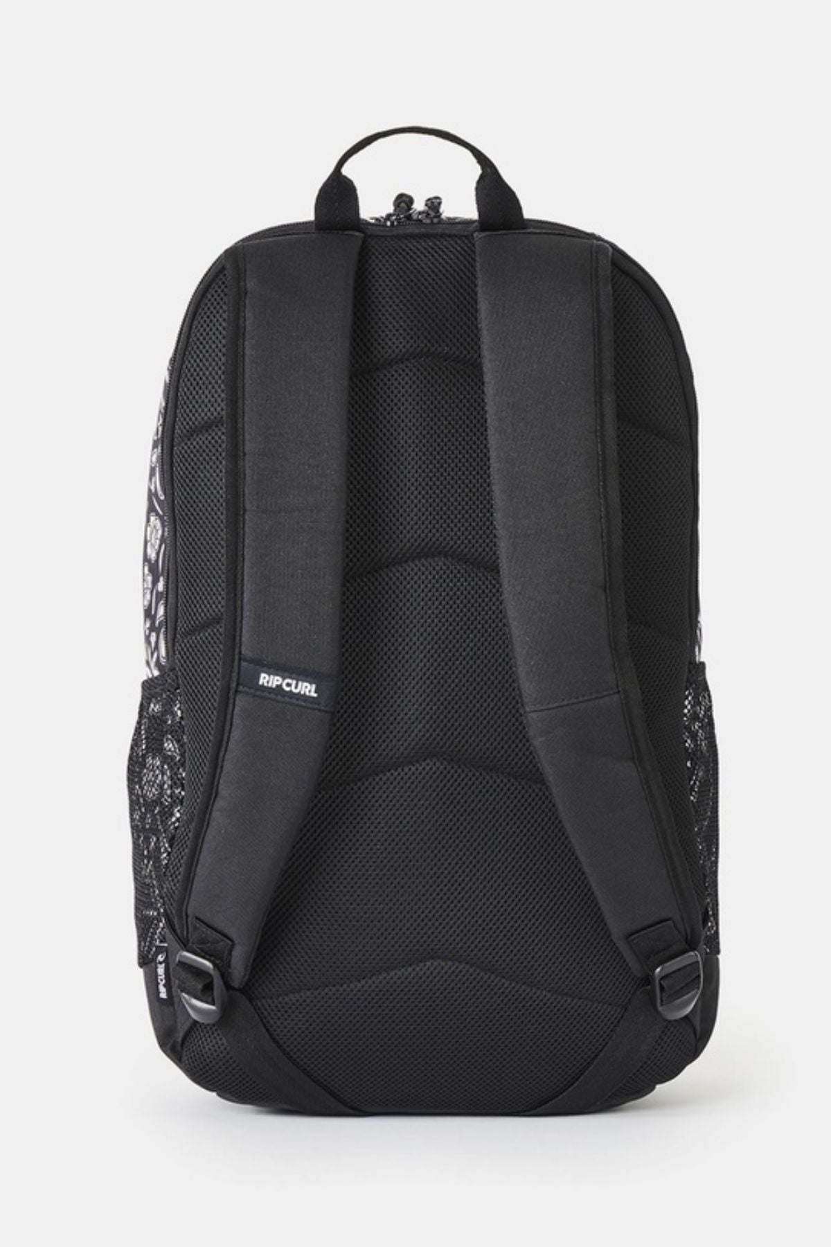 Back view of a black Rip Curl Chaser 33L Backpack featuring padded shoulder straps and a mesh back panel.