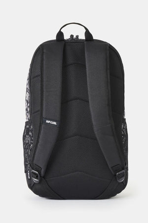 Back view of a black Rip Curl Chaser 33L Backpack featuring padded shoulder straps and a mesh back panel.